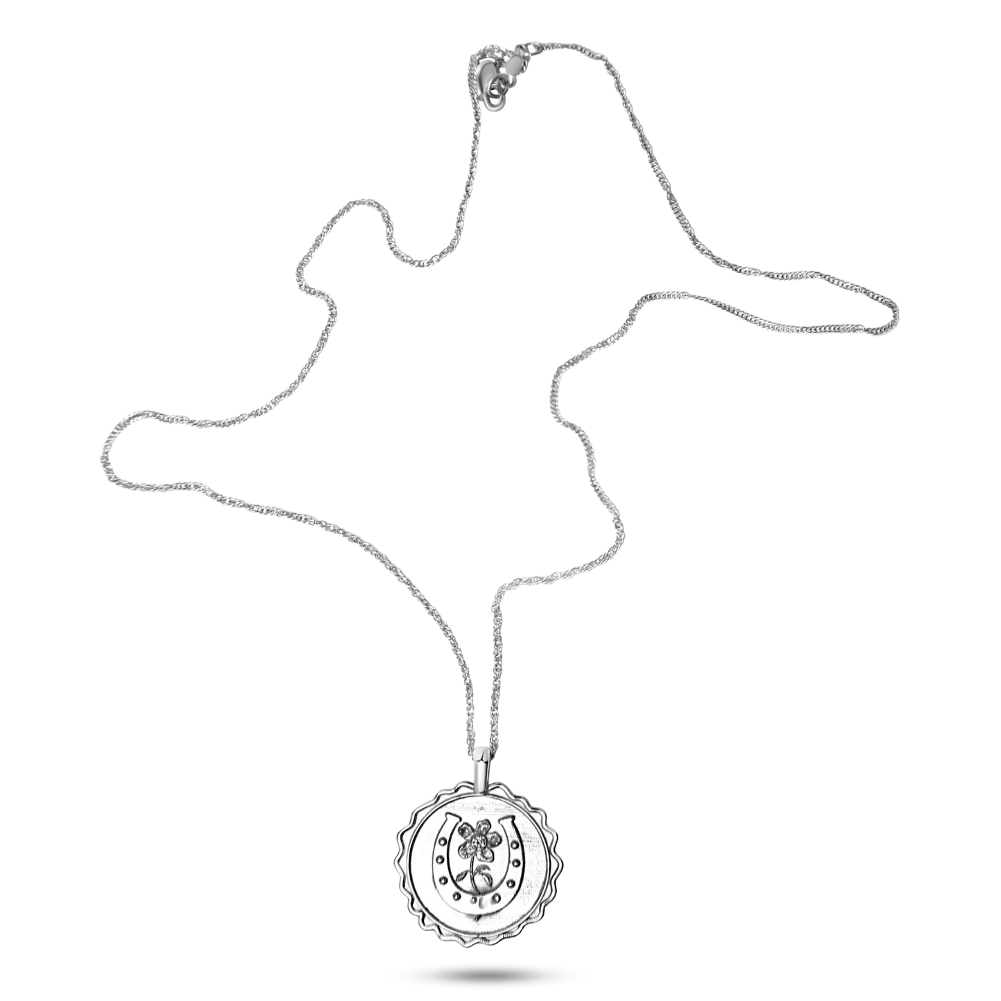 The Good Luck Amulet – Delicate horseshoe pendant necklace, crafted in sterling silver for timeless equestrian style. Wax seal stamped sterling silver amulet with daisy sprouting from the middle of a horseshoe