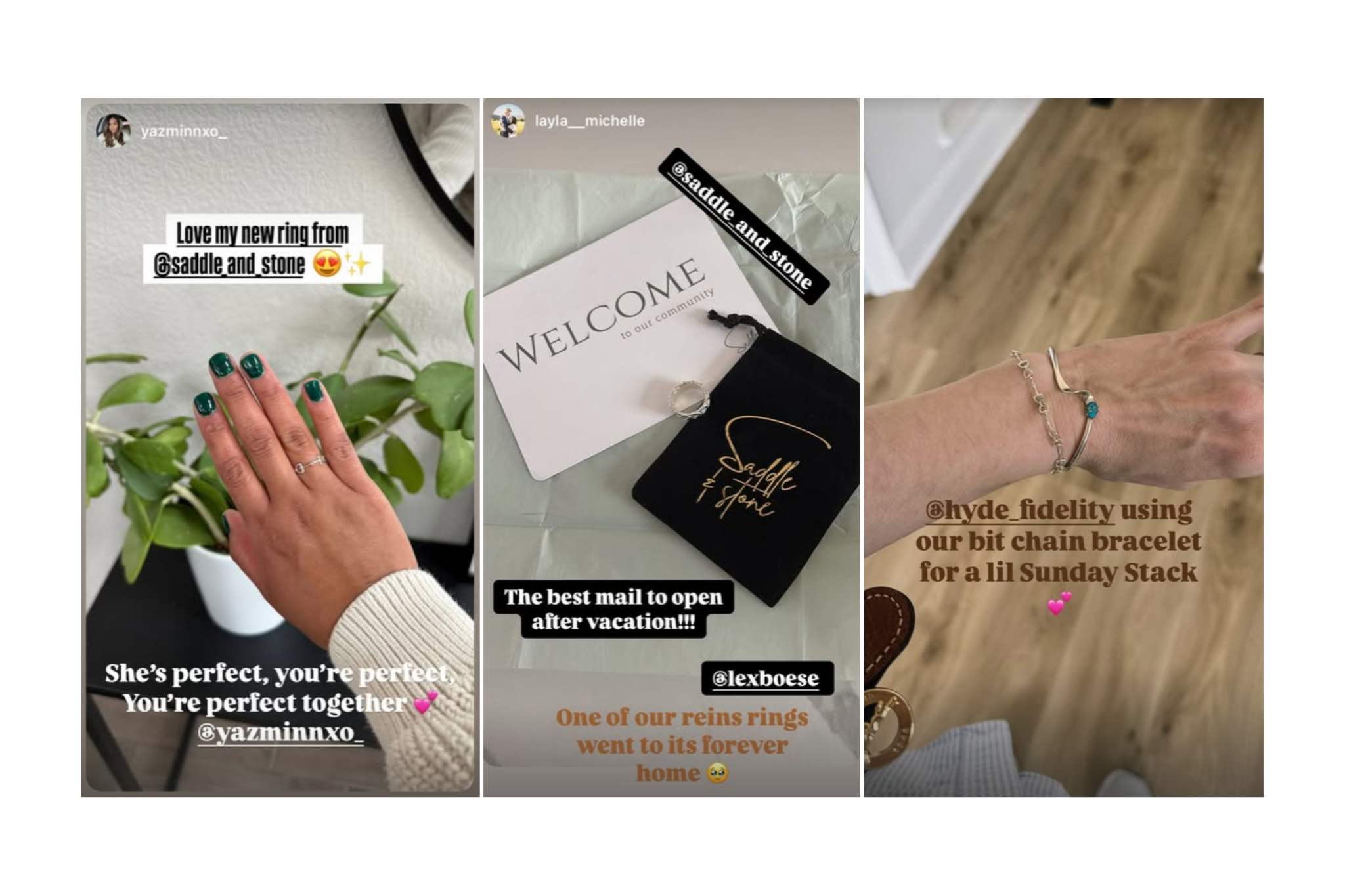 three more screenshots of instagram posts from happy customers and their saddle and stone purchases