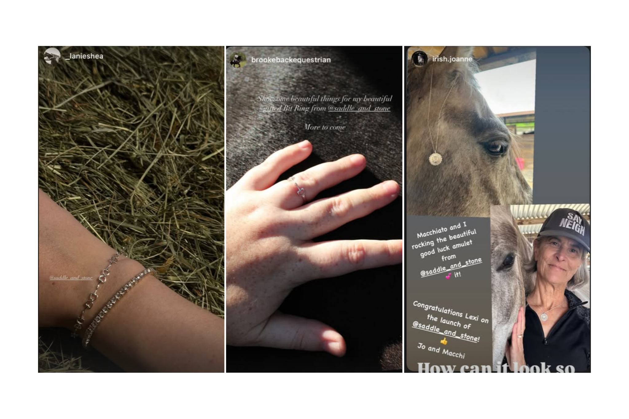 Screenshots of happy customers and their Saddle and Stone purchases